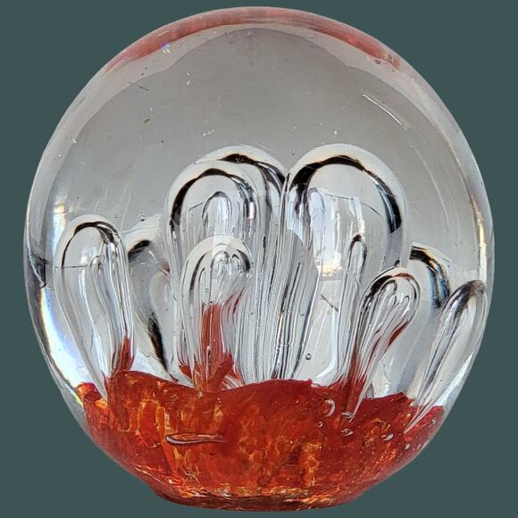 Vintage 1960s Clear and Orange Controlled Glass Bubble Round Paper Weight - Picture 2 of 5